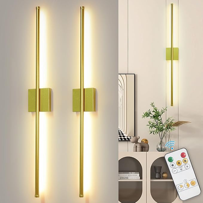 Depuley Battery Operated Wall Sconce: Set of 2 Wireless Wall Lights with Remote for Bedroom - Rechargeable 15 Colors Gold Wall Lamp for Living Room Hallway Home Decor