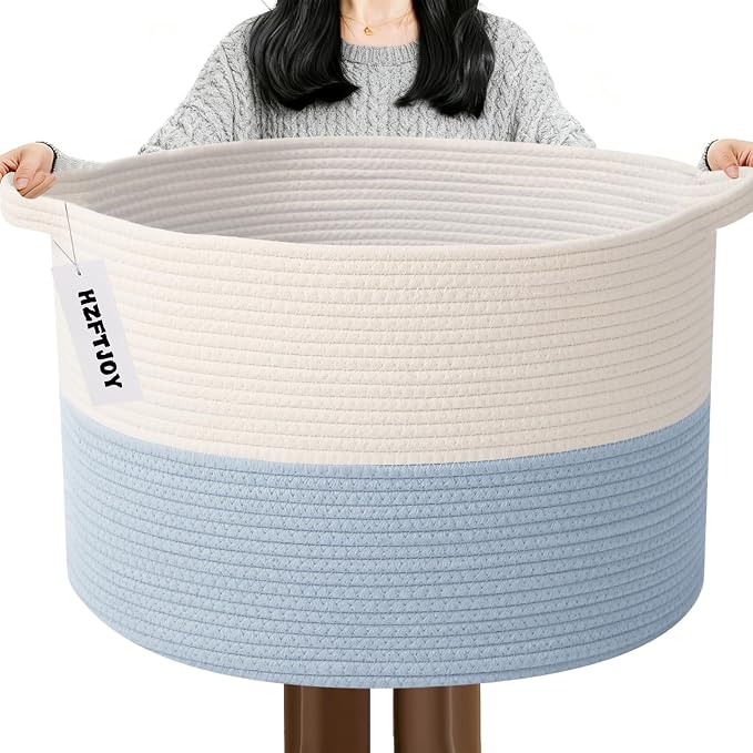 115L Extra Large Woven Blanket Basket, Laundry Hamper-White&Blue | Collapsible, reinforced handles, nursery storage bin organizes clothes, toys and pillows for living room, bedroom bathroom
