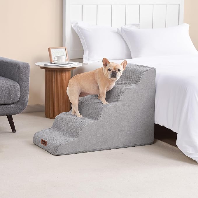 EHEYCIGA Curved Dog Stairs Ramp, 5-Step Extra Wide High Beds, Dog Steps | 33D density of pure foam, for Small Dogs and Cats, Pet Stairs for High Bed Climbing, Non-Slip Balanced Indoor, Light Grey