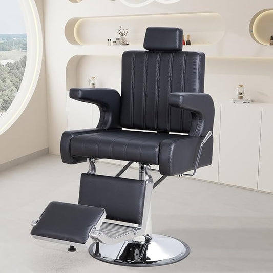 FHFO Barber Salon Hair Chairs for Barbershop, Hydraulic Barber Chair 360°Adjustable PU Leather Beauty Salon Chair for Barbershop Spa Black/Silver