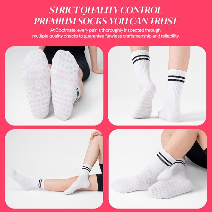 COOLMATE Pilates Socks with Grips for Women, Yoga Socks, Crew Non Slip Women for Barre, Pilates Gifts for Women