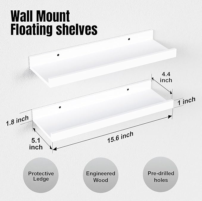 Boswillon Floating Shelves Set of 2, Small Wall Shelf with Lip, 16in, White | Display Ledge Shelf for Room Wall, Wall Decor Shelves for Bathroom, Living Room, Bedroom, Kitchen, Nursery Room, Modern, Wood