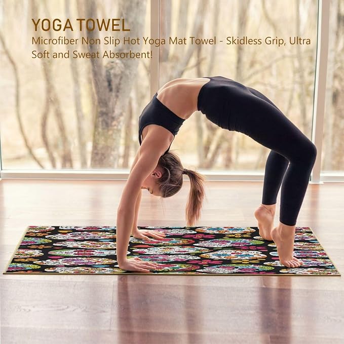 Mexican Sugar Skull Flower Hot Yoga Towel with Carry Bag - Sweat Absorbent Non Slip Yoga Mat Towel for Bikram Pilates Mats, Workout, Gym, 73"x27"