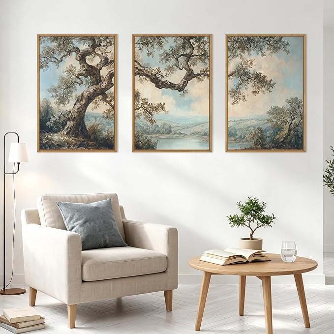 BINCUE Vintage Tree Wall Art Framed Rustic Forest Paintings Neutral Landscape Wall Decor Canvas Mountains Lake Artwork Abstract Tree Prints for Living Room Bedroom Office 24 "Lx36 W Set of 3