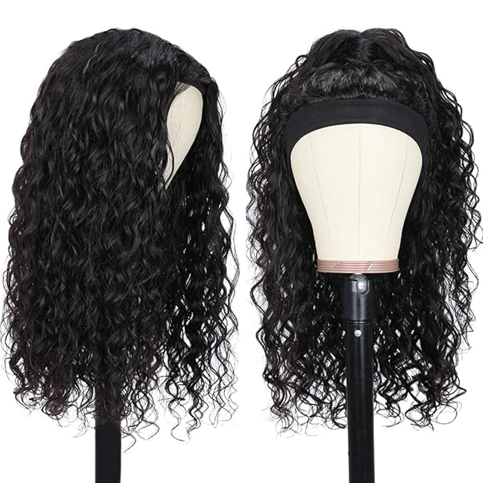 Human Hair Headband Wig Water Wave Human Hair Wigs for Black Women Brazilian Virgin Hair Glueless None Lace Front Wigs 150% Density (16" Headband wigs)