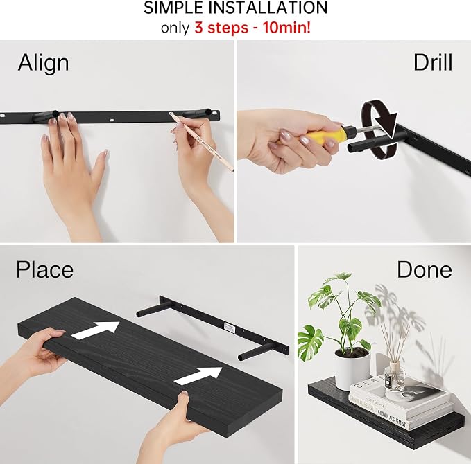 BAYKA Black Floating Shelves 22.5in, Set of 3, Wall Mount Rustic Wood Shelf | Easy Install, 22lbs Max Load, Hidden Bracket, for Bathroom Bedroom Kitchen Display Storage Decor, Multi-Wall Compatible
