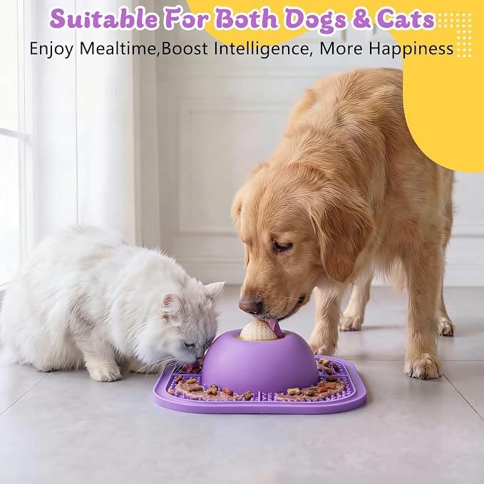 Slow Feeder Dog Bowls & Lick Mat for Liquid and Thick Treat, Anti-Slip Dog Lick Bowl with Interactive Rolling Ball, 5/6 Cup Pup Licking Toy for Large Medium Small Dogs and Cats Purple