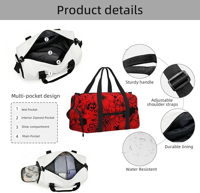 Fiokroo Sports Gym Bag Flowers Red Background Travel Duffel Bag For Men Women With Shoe Compartment Water Resistant Gym Bag Carry On Duffel Bag For Weekend Traveling Yoga Gym Sports
