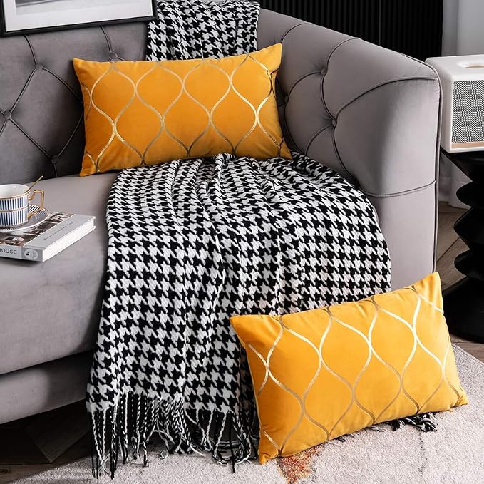 12x20 Inch Gold Velvet Throw Pillow Covers: 2 Pack Rectangular Decorative Pillow Cases for Bedroom Sofa Couch Living Room, Yellow
