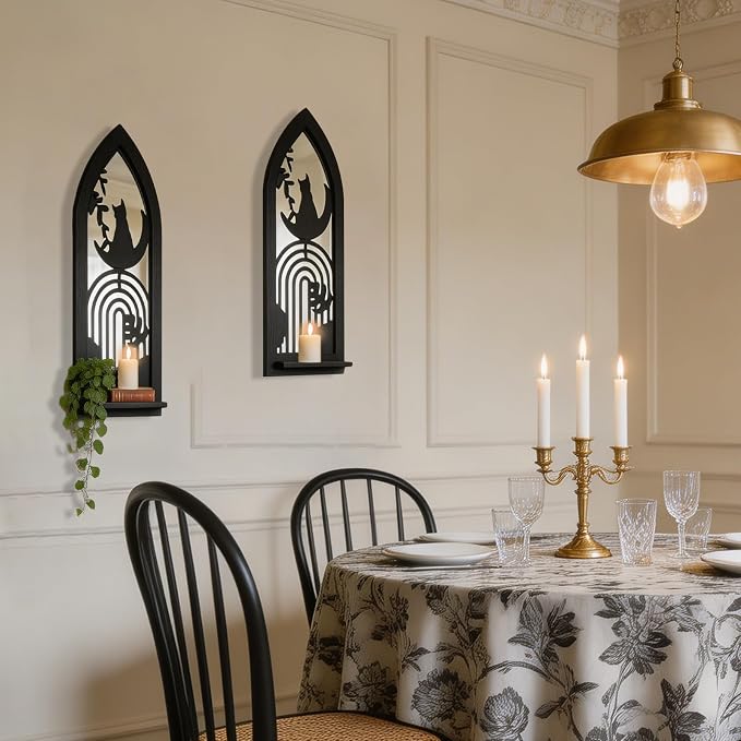 ZEXUIRU 2 Set Rustic Candle Sconces Living Room Bedroom Entryway Wood Mirrored, Farmhouse, Carved Frame Wall-Mount Wooden Candle Holders Wall Decor Hanging Handmade Holder - Black