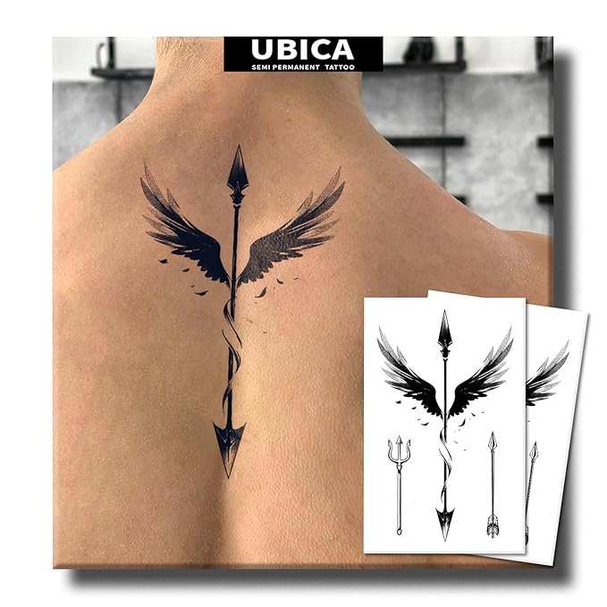 2 Sheets Long Lasting Angel Wing Temporary Fake Tattoos For Men Back,Arrow Trident Semi Permanent Tattoo For Adults Boys,Realistic, Waterproof and Non-Reflective