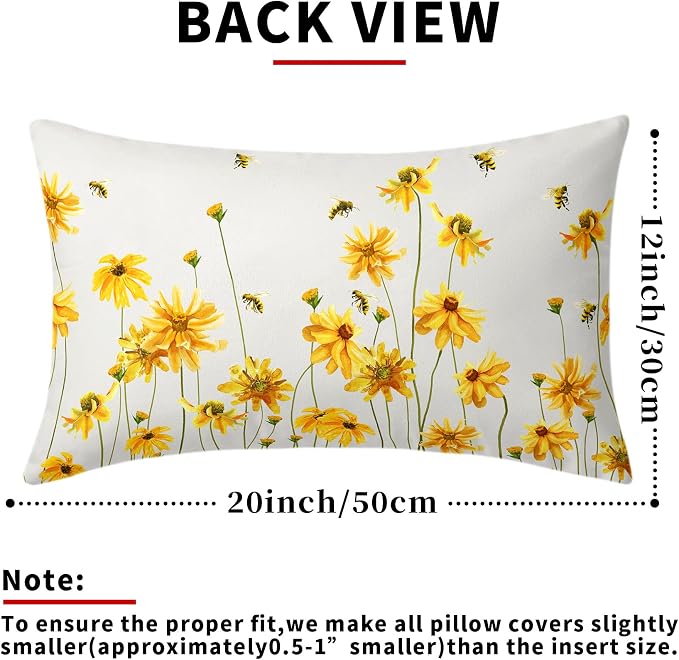 Spring Summer Throw Pillow Covers 12X20 in Set of 2 Yellow Flowers Coreopsis Bee Decorative Lumbar Pillow Cases Bees Floral Rectangle Pillow Cover Farmhouse Decor for Outdoor Room Couch Patio Porch