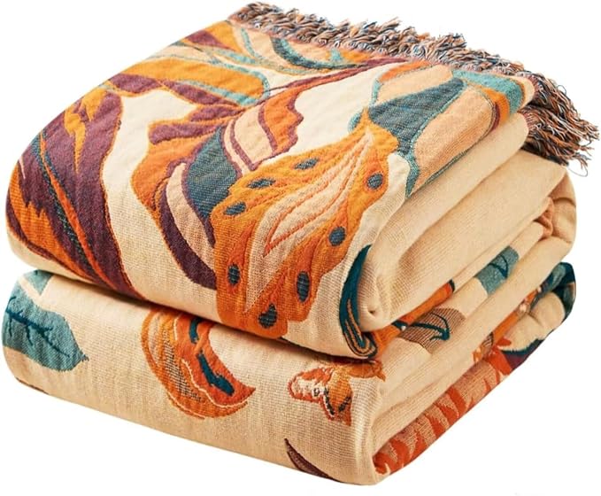 Boho Throw Blanket for Bed 100% Cotton Bohemian Blankets Ultra Soft Woven Muslin Decorative Blankets All Seasons Vintage Quilt Knitted Blanket for Sofa Chair(Orange, 90"x98")
