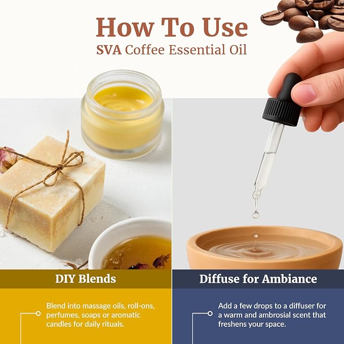SVA Coffee Essential Oil 1 Fl Oz – for Diffuser, Skin & Hair Care – Ideal for Massage & DIY Blends – with Dropper