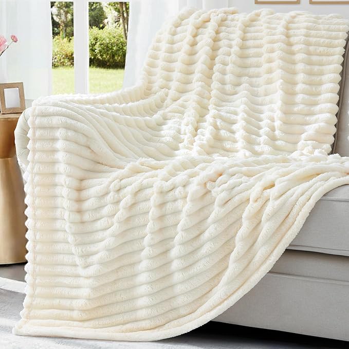 decorUhome Cream White Fleece Throw Blanket 50x60 Inches | Soft Couch Cozy Fluffy Plush Flannel Striped Blanket for Sofa Bed, Lightweight Decorative Ribbed Fuzzy Blanket for Woman