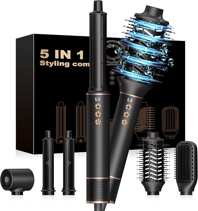 Hair Dryer Brush 5 in 1 Autowrap Hot Air Hair Styler with High-Speed Aluminum Alloy Blow Dryer Brush Volumizing, Straightening & Fast Drying with Negative Ion, No Heat Damage (Black)