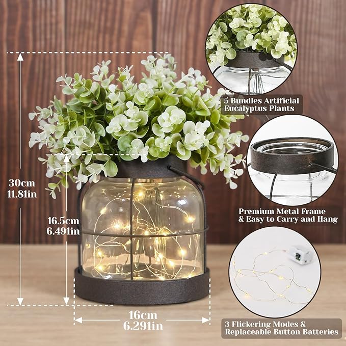 Dnnnii Vintage Glass Farmhouse Vase - Handmade Rustic Lantern Planter with Bonus Artificial Flowers & LED Lights (Home Decor Centerpiece), Farmhouse Wedding/Easter Decor, Housewarming Gift