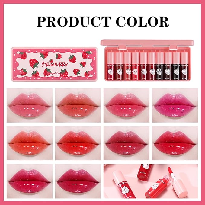 Eakroo 10 Colors Lip Stain Tint Set, Korean Lip Gloss for Women, Moisturizing Korean Lip Tint, Lip Stain Long Lasting Waterproof, High Pigment, Non-Stick Cup, Vivid Color, Lip Tint Makeup (Set A)