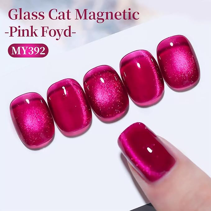 Born Pretty Pink Cat Magnetic Eye Gel Nail Polish 15ML,Spring Summer Hot Pink Jelly Glass Crystal Glitter Shimmer Translucent Gel Polish with Magnet,Soak Off U V Gels for Women Girl