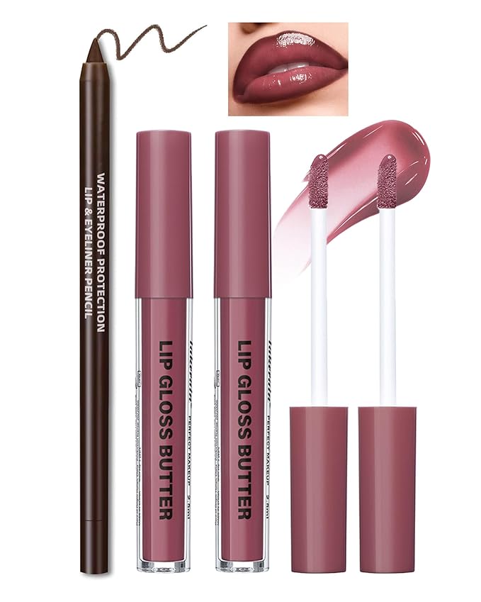 3Pcs Hydrating Lip Gloss with Brown Lip Liner Combo Set,Plumping Lip Liner Moisturizing Nude Tinted Lips Glow Oil,Lightweight Non Sticky Liquid Lipstick Women Lipstain Makeup Long Lasting Lipgloss-12