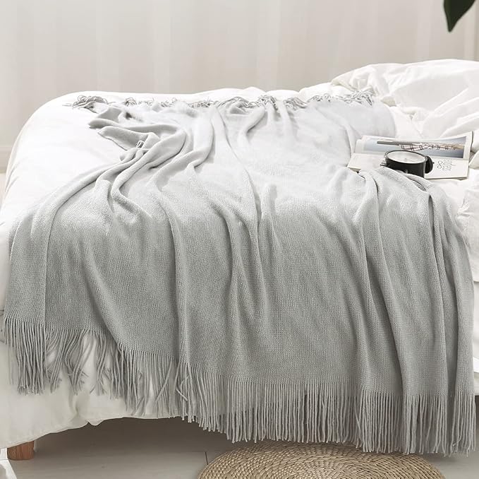 Homiest Light Grey Knitted Throw Blanket with Fringe, 50x60 Inch | Pure Acrylic, Lightweight & Breathable, All-Season Use, Machine Washable, Wrinkle & Fade Resistant, for Couch Sofa And Bed
