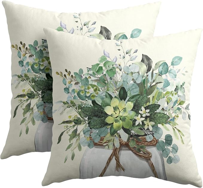 Kawani Eucalyptus Green Leaves Pillow Covers 18x18 Inch Set of 2 Greenery Plants Leaf Mason Jar Pillowcase Cotton Linen Square Cushion Case for Home Sofa Couch Farmhouse Decoration