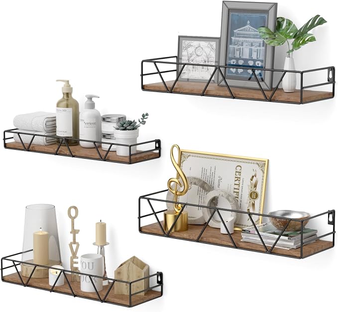 Floating Shelves Set of 4, Wood Wall Shelf, Farmhouse Shelf for Bedroom | Wall Mounted Floating Shelf for Living Room, Bedroom, Bathroom, Kitchen, Office
