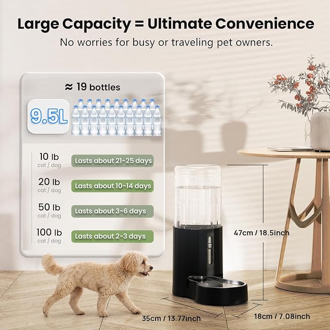 CZPET Dog Water Dispenser, Widen Mouth Gravity Refilling (9.5L, Black) | Upgraded Brush, Easy to Clean Automatic Dog Waterer with Removable Stainless Steel Bowl, Large Drinking Area for Multi-Pet