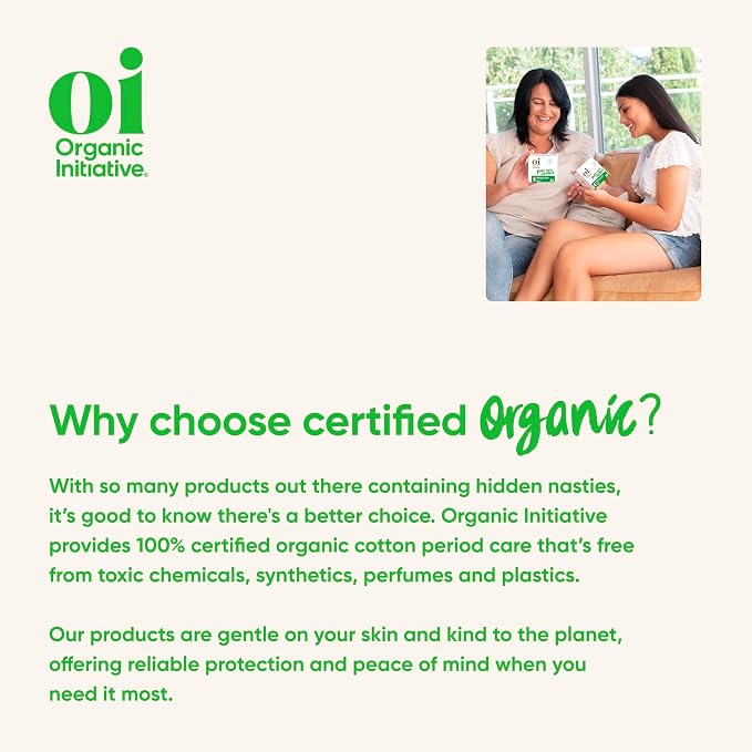 Oi | Organic Initiative - Ultra-Thin Pads with Wings | 100% Certified Organic Cotton, Unscented | Leak Free, Biodegradable | Non-GMO, Toxin Free (Regular/Super, 20, Count)