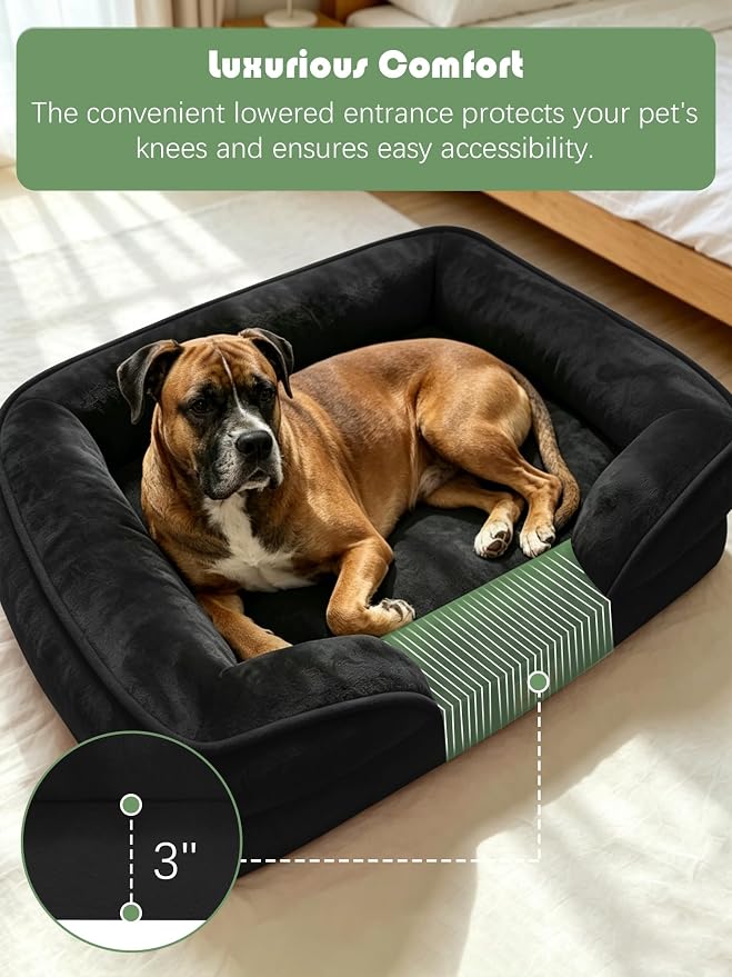 Spotted Play Orthopedic Dog Bed with Sides - Sofa Beds for Large Dogs, Supportive Foam Pet Couch Bed with Washable Removable Cover, Waterproof Lining and Non-Slip Bottom, Black - L-Plus