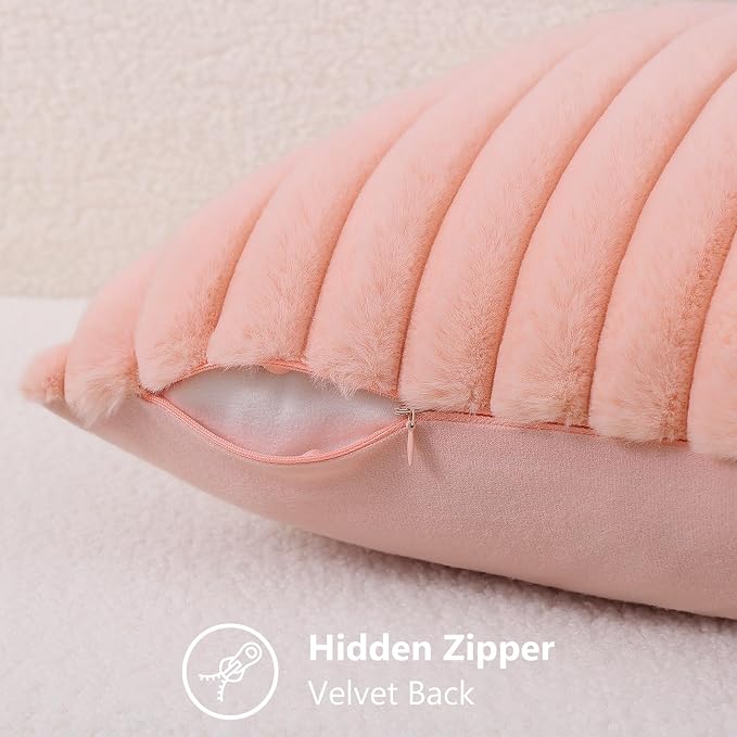decorUhome Fall Faux Fur Throw Pillow Covers 26x26 Set of 2 Blush Pink | Decorative Soft Cozy Striped Plush Modern Farmhouse Boho Couch Pillow Cases Velvet Back for Sofa Bed Living Room Home Decor