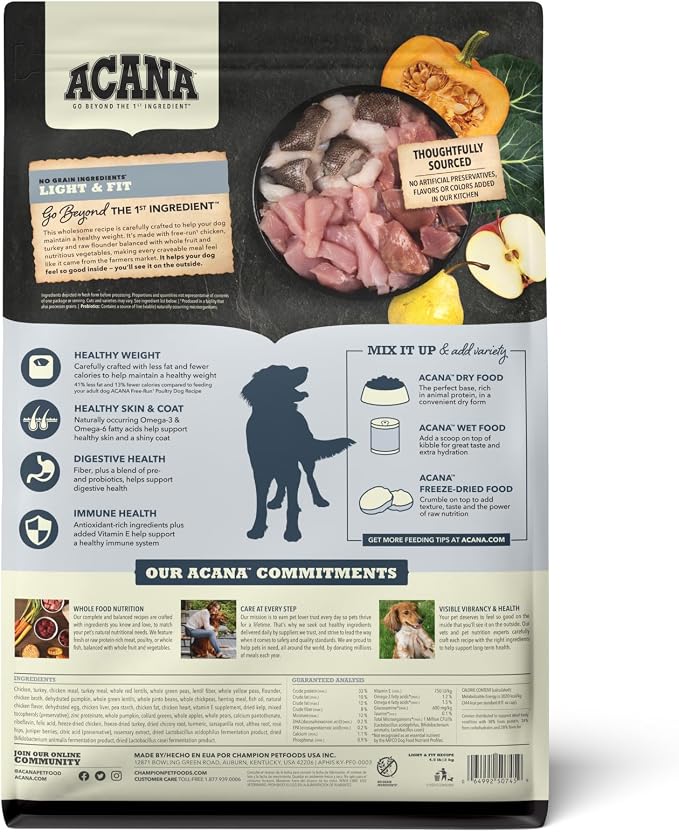 ACANA Grain Free Dry Dog Food Light & Fit Recipe 4.5lb Bag | Weight Management, High Protein, Made in the USA, Global Quality Ingredients