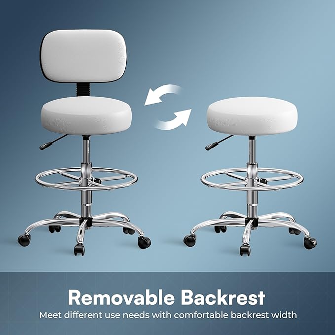 SUPERJARE Drafting Chair with Back, Adjustable Foot Rest Rolling Stool, Multi-Purpose Office Desk Chair, Thick Seat Cushion for Home Bar Kitchen Shop - White 7205W