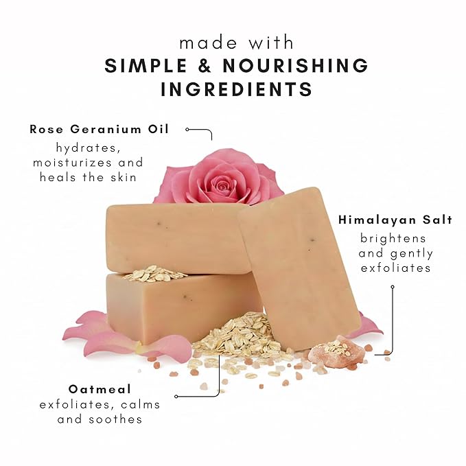 Olivia Care Exfoliating Bar Soap With Rose Himalayan Salt Natural & Organic - Infused w/Oatmeal & Rose Essential Geranium Oil - Moisturize, Detoxify, Hydrate - 3 X 5 OZ