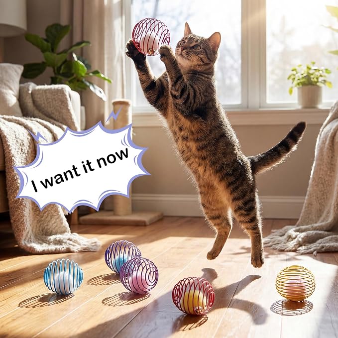 Jecery 5 Pcs Cat Toys Spring,Pom-pom with Bell,Multicolor