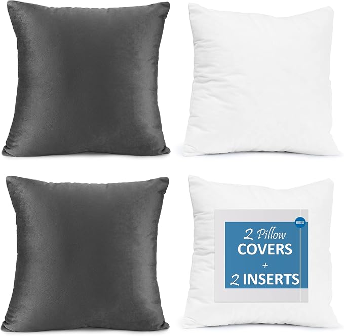 Nestl Throw Pillow Inserts Pack of 2 with Velvet Soft Solid Decorative Square Throw Pillow Covers Set for Sofa Couch Car Bedroom with 20X20 Throw Pillows Inserts with Cushion Covers, Charcoal Grey