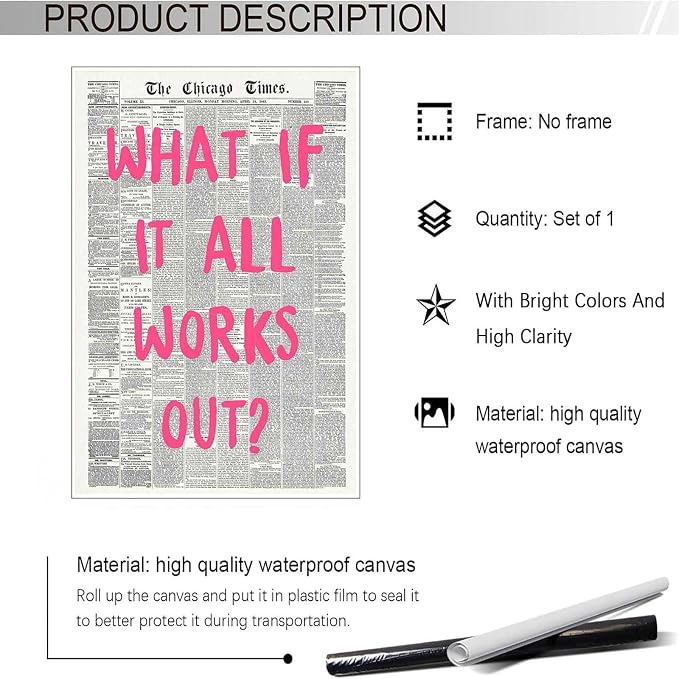 Drimiler What If It All Works Out Poster Retro Newspaper Pink Font Canvas Wall Art Positive Affirming Quote Minimalist Prints Painting For Home Bedroom Dorm Wall Decor 24x36in Unframed