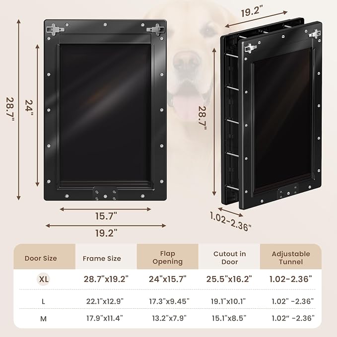 3-Flap Plastic Extra Large Dog Door for Door, Pets Up to 220 LB | Never Rust, Durable Plastic Frame, Insulated Flap, Energy Saving, Magnetic Seal, Windproof & Dustproof, Closing Panel