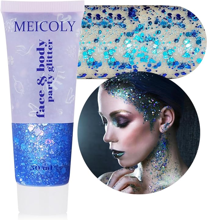 MEICOLY Chameleon Blue Hair Glitter,Chunky Face Glitter Gel,Color Changing Mermaid Singer Concerts Sparkling Glitter for Face Body,Halloween Festival Party Makeup,50ml