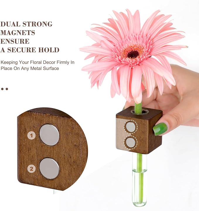 Magnetic Test Tube Flower Vases for Refrigerator, Set of 2 | 2-Pack wooden magnetic vases in a dark wood finish for fresh cuttings and plant propagation. Plant not included.