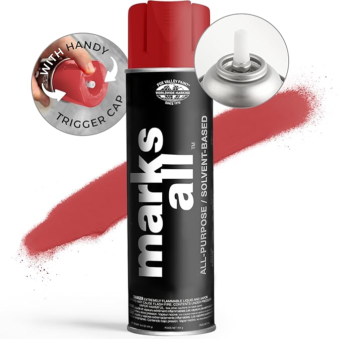 Fox Valley 18oz Marks All Solvent-Based Marking Paint Spray, 12-Pack Red APWA – Long-Lasting, Weather-Resistant Spray Paint for Wet or Dry Surfaces Like Metal, Grass, Concrete, Wood, & More