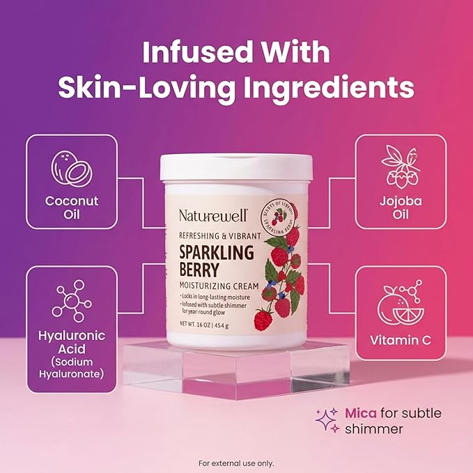NATURE WELL Sparkling Berry Refreshing & Vibrant Body Cream Moisturizer, Infused with Natural Oils & Extracts, Non-Greasy, Lightweight, Helps Lock in Moisture, Infused with Subtle Shimmer, 16 Oz