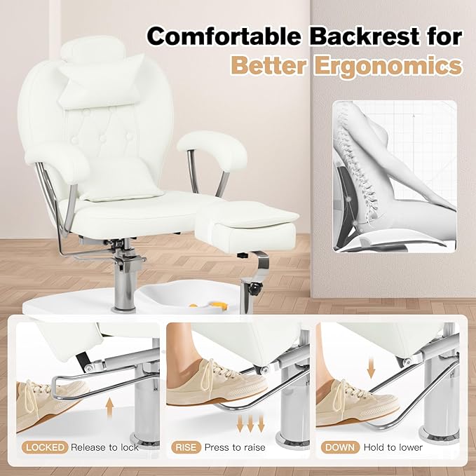 Pedicure Chair No Plumbing with Stool & Foot Bath, 360°Swivel Hydraulic Reclining Pedicure Station with Footrest & Ergonomic Headrest for Nail Tech, Spa, Salon (White)