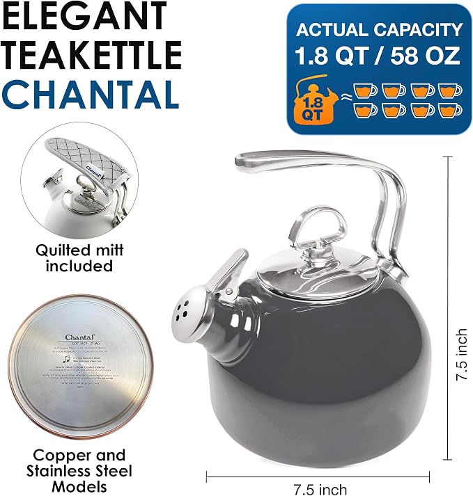 Chantal Classic Teakettle, 1.8 QT, Enamel On Steel, 2-Tone Harmonica Whistle, Rapid Boil and Even Heating (Onyx)