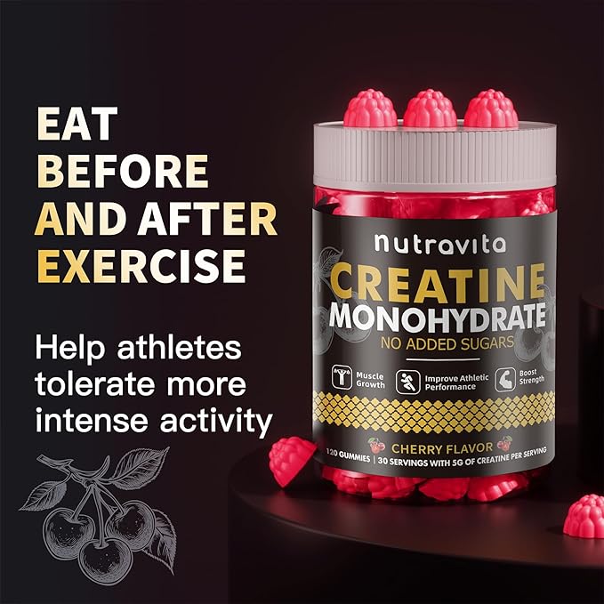 Nutravita Creatine Monohydrate Gummies for Men & Women-5g of Creatine Monohydrate per Serving - Sugar Free,Vegan, Cherry Flavor, 120 Count