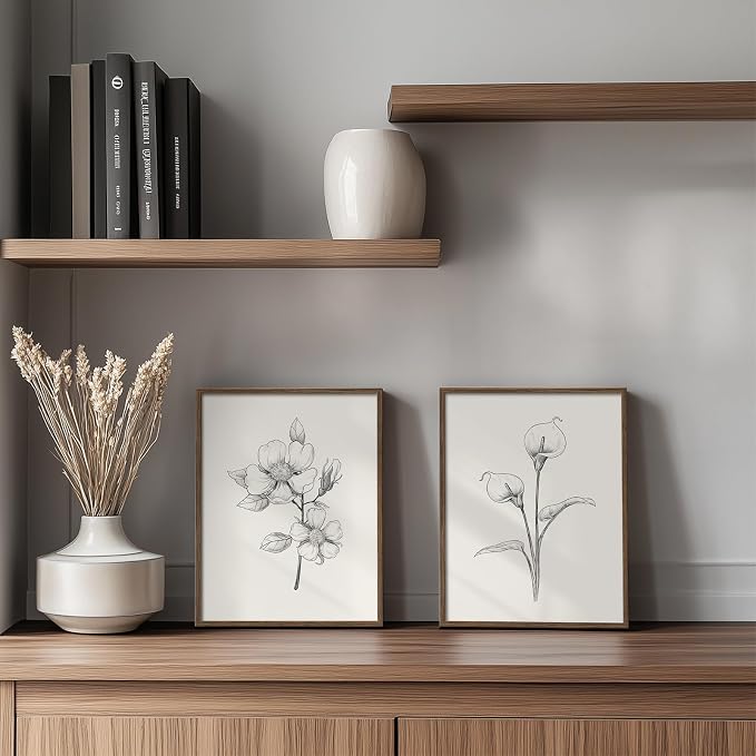 Vintage Floral Wall Art with Walnut Framed, 4 Piece Farmhouse Black and White Botanical Canvas Prints Painting, Rustic Minimalist Flower Pictures for Bedroom Kitchen Bathroom Living Room Home Decor