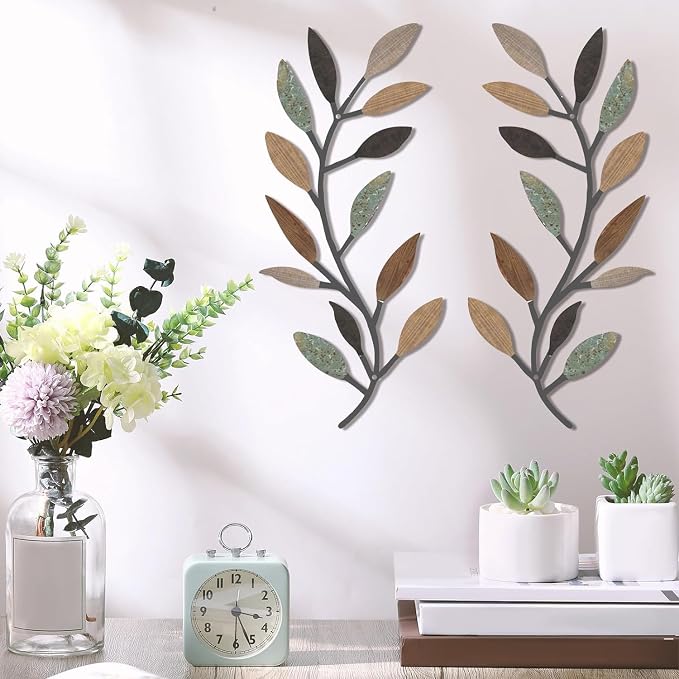 Zhengmy 2 Pcs Metal Leaf Wall Art Vine Branch Decor,Classic Color | Olive Branch Metal Decor for Living Room Hallway, Symmetrical Leaf Pair for Doorway Entryway, Lightweight Hanging Art Design