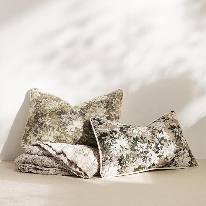 Pack of 2 Vintage Floral Pillow Covers 12x20 Boho Farmhouse Accents Chenille Rectangular Lumbar Decorative Throw Pillow Cases for Living Room Couch Bed Home Decor, Green and Taupe