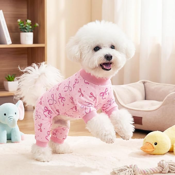 Dog Pajamas for Small Medium Dogs Pjs Pink Bow Dog Onesie Breathable Puppy Pj Pet Stretchy Soft Sleepwear for Spring Summer Costume-L