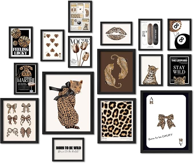 ANERZA 16 PCS Stockholm Style Room Decor, Cheetah Print Leopard Gallery Wall Art Prints Set for Bedroom, Preppy Posters for Living Room Aesthetic, Trendy Collage Kit Pictures, Funky Dorm Home Decor